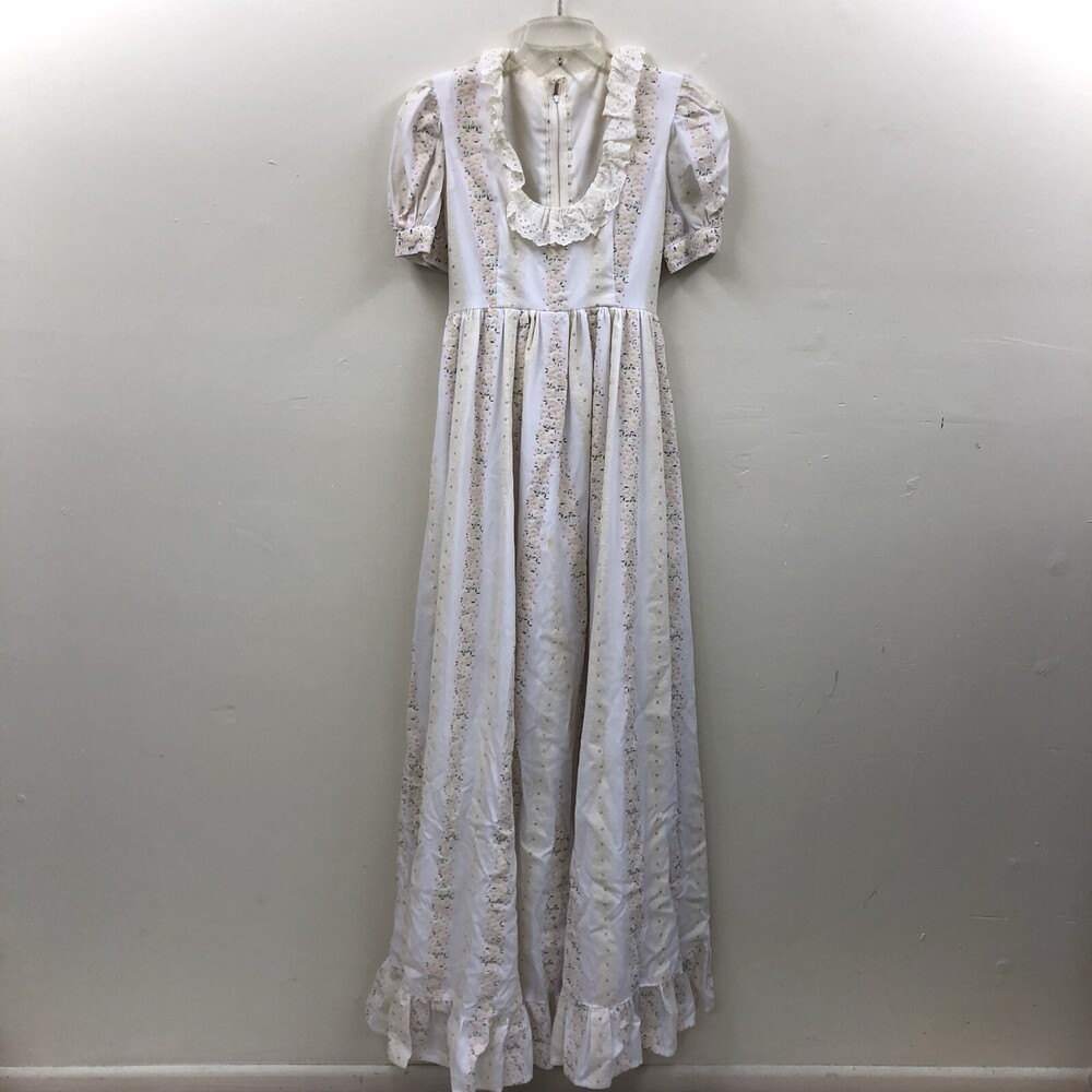 Vintage Victorian Prairie Maxi Dress 1970s Yellow Floral Long Sleeve